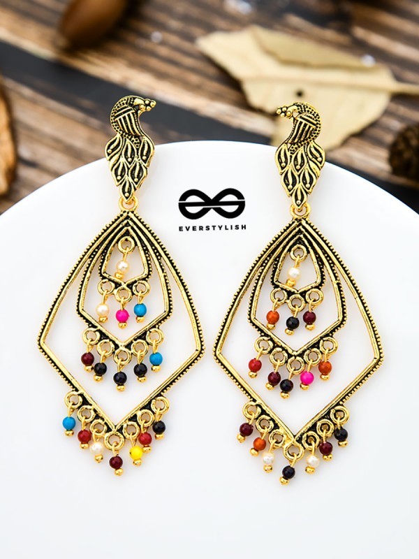 The Golden Layered Peacock Danglers - Oxidised Boho Collection