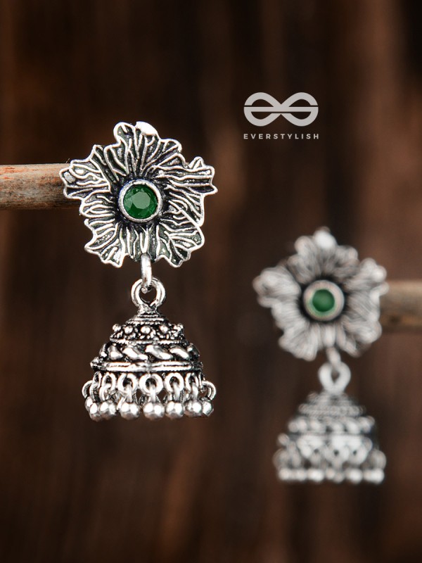 The Artsy Floral Jhumkis (Emarald) - Embellished Oxidised Collection