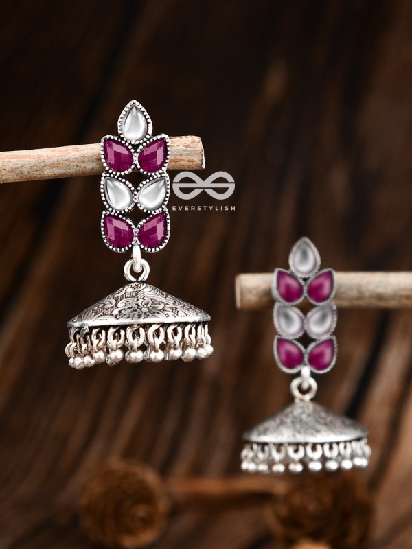 The Olive Branch Intricate Jhumkis - Ruby White - The Embellished Oxidised Collection