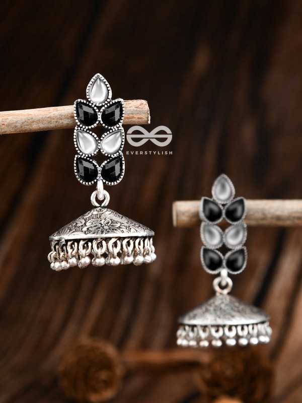 The Olive Branch Intricate Jhumkis - Black White - The Embellished Oxidised Collection