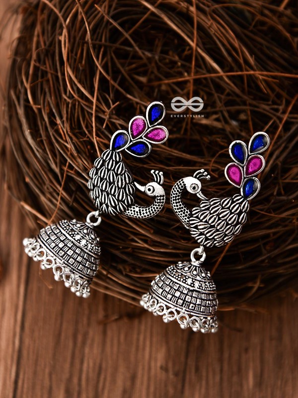 The Gorgeous Meenakari Peacock Jhumkas - Embellished Oxidised Collection