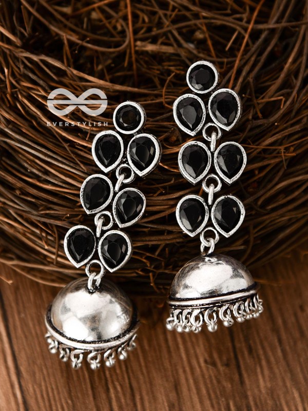 The Playfully Elegant Jhumkas (Onyx Black) - Embellished Oxidised Collection