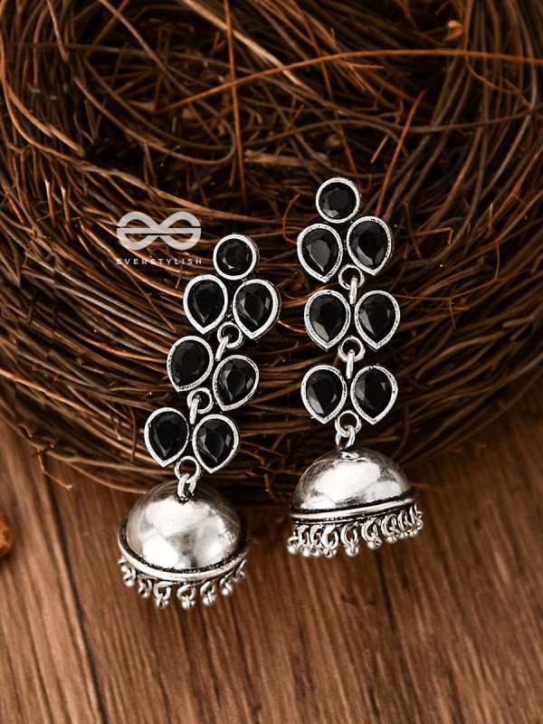 The Playfully Elegant Jhumkas (Onyx Black) - Embellished Oxidised Collection