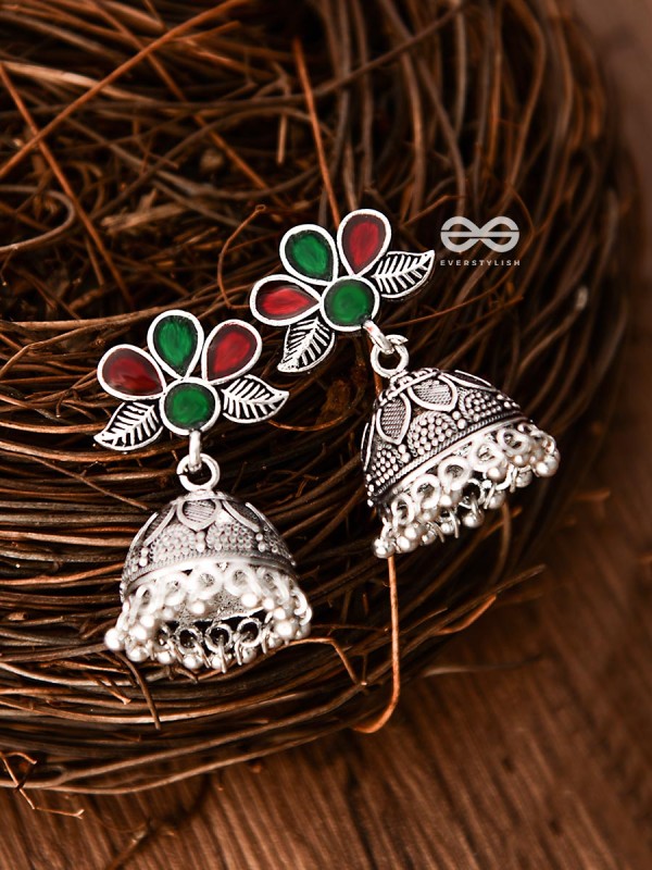 The Floral Delight Meenakari Arwork Jhumkis (Red-Green)