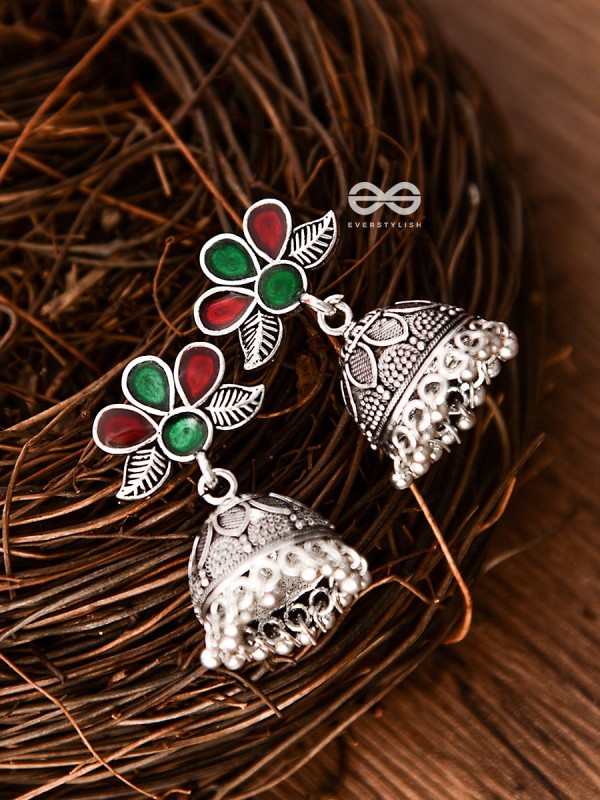The Floral Delight Meenakari Arwork Jhumkis (Red-Green)