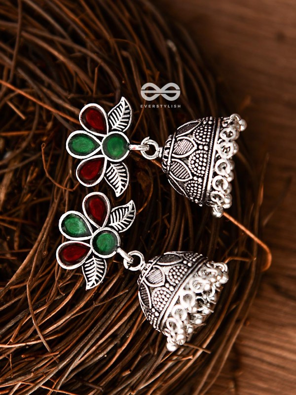 The Floral Delight Meenakari Arwork Jhumkis (Red-Green)