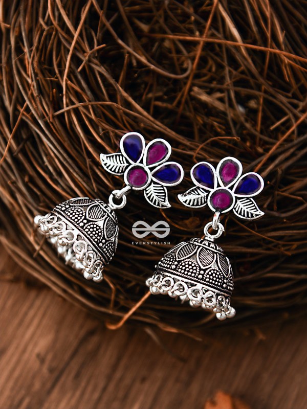 The Floral Delight Meenakari Arwork Jhumkis (Pink-Blue)