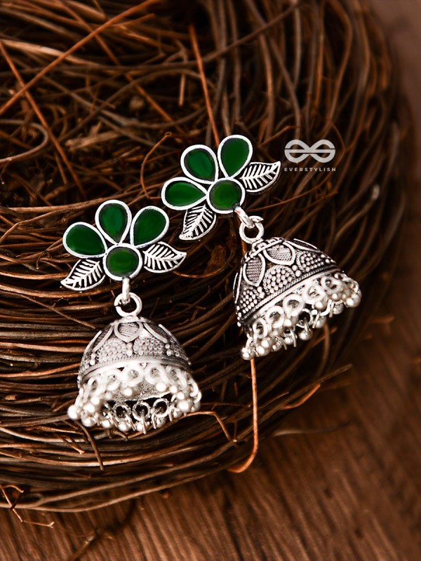 The Floral Delight Meenakari Arwork Jhumkis (Green)