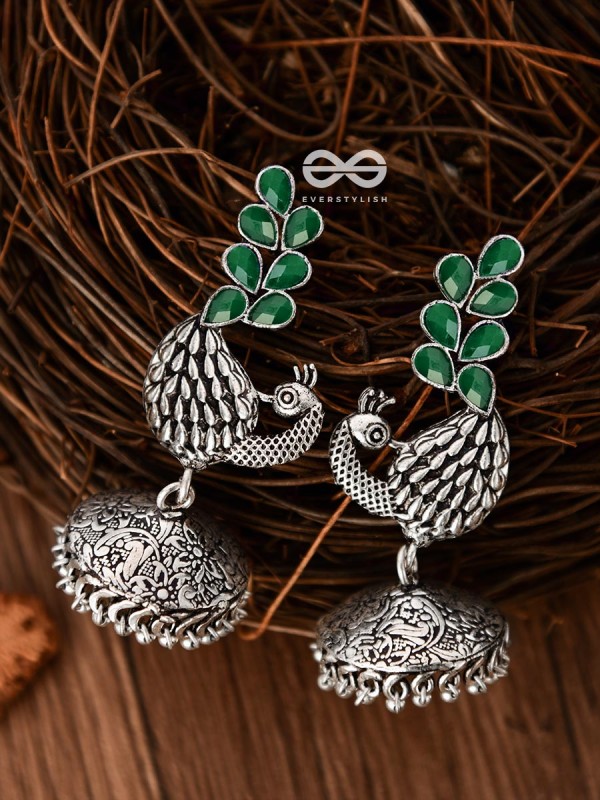 The Dancing Peacocks Engraved Jhumkis (Emerald Green) - Embellished Oxidised Collection