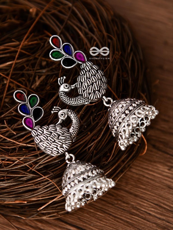 The Enamelled Dancing Peacocks Meenakari Artwork Jhumkas - (Multicoloured)