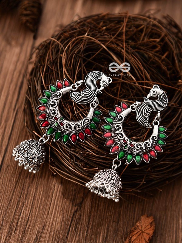 The Intricate Enamelled Peacocks Meenakari Artwork Jhumkas - (Red-Green)