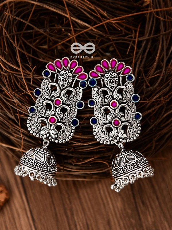 The Intricate Enamelled Peacocks Meenakari Artwork Jhumkas - (Pink-Blue)