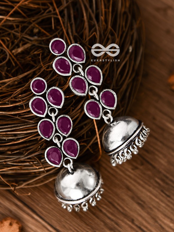 The Playfully Elegant Jhumkas (Ruby Red) - Embellished Oxidised Collection