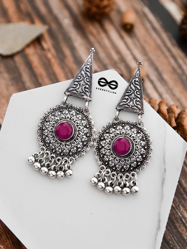 The Embellished Oxidised Collection - Intricate Geometry Earrings- Red