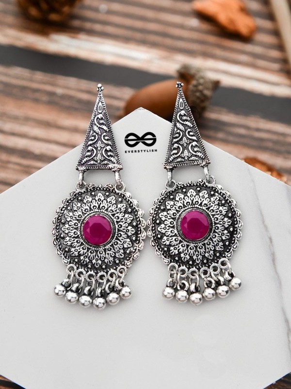 The Embellished Oxidised Collection - Intricate Geometry Earrings- Red