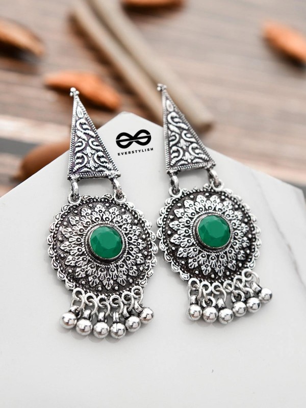 The Embellished Oxidised Collection - Intricate Geometry Earrings- Green