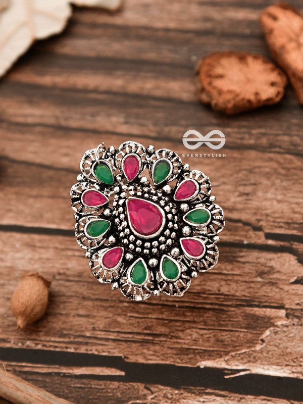 The Meryl Ring (Adjustable) - Ruby-Emerald - The Embellished Oxidised Collection