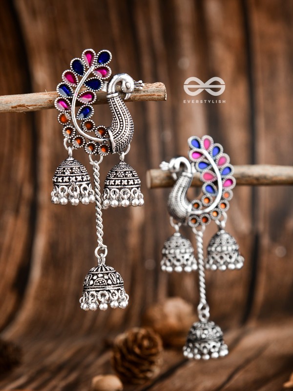 The Enamelled Peacocks Triple Jhumki Statement Earrings - Blue-Pink-Brown
