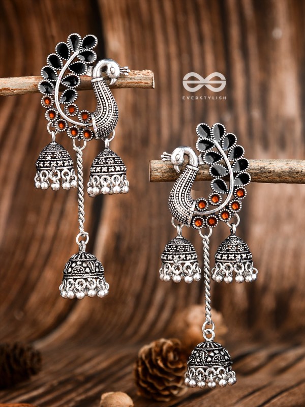 The Enamelled Peacocks Triple Jhumki Statement Earrings - Black-Brown