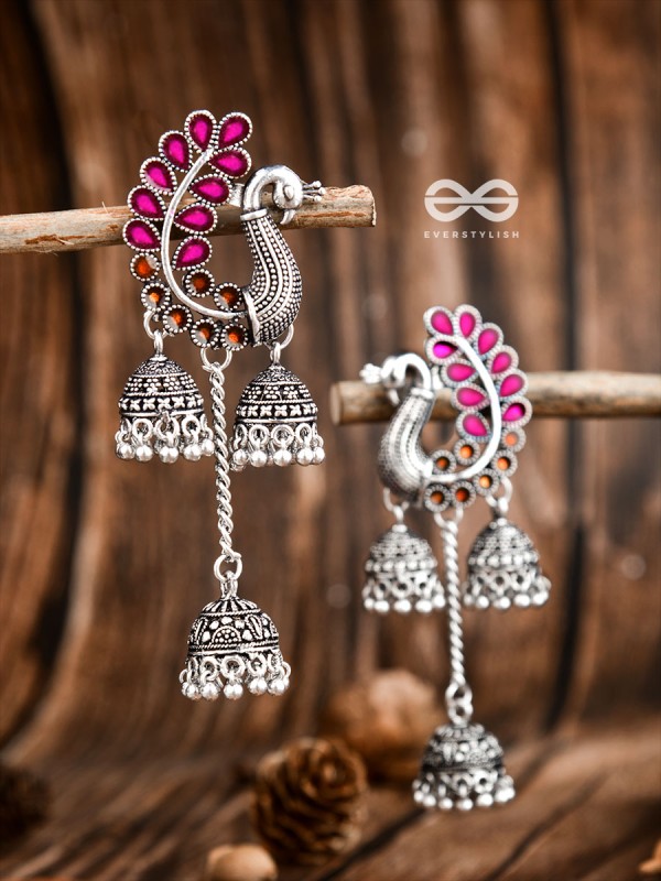 The Enamelled Peacocks Triple Jhumki Statement Earrings - Pink-Brown