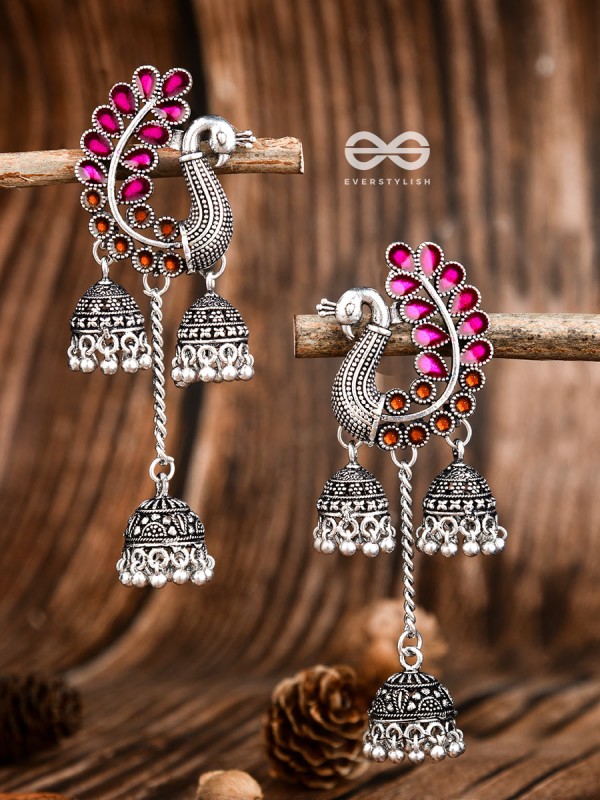 The Enamelled Peacocks Triple Jhumki Statement Earrings - Pink-Brown