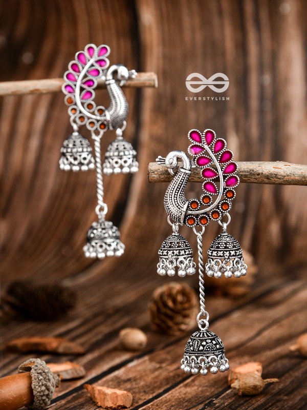 The Enamelled Peacocks Triple Jhumki Statement Earrings - Pink-Brown