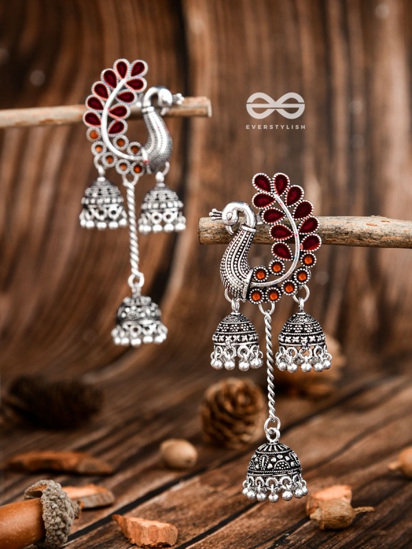 The Enamelled Peacocks Triple Jhumki Statement Earrings - Maroon-Brown
