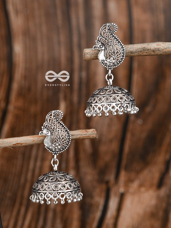 The Intricate Peacock Jhumkis - Oxidised Boho Earrings