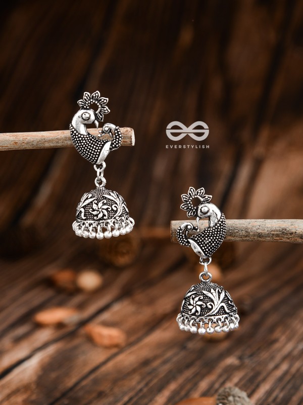 The Vintage Artistic Peacock Jhumkis - Oxidised Earrings