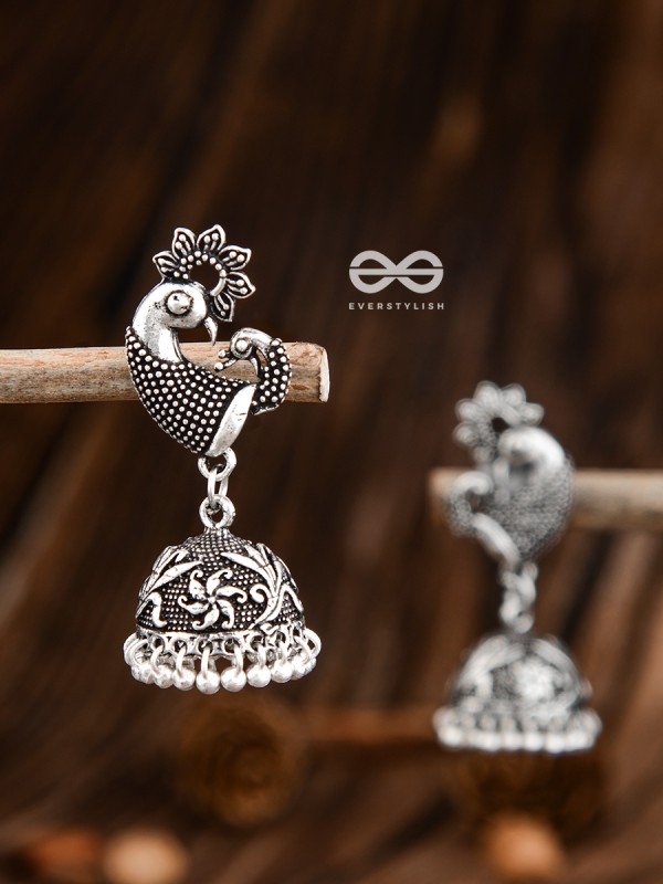 The Vintage Artistic Peacock Jhumkis - Oxidised Earrings