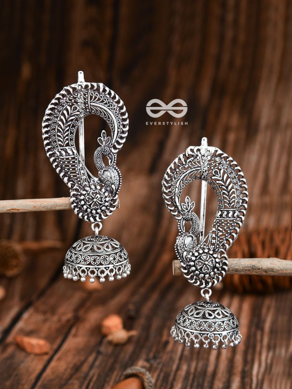 The Elegant Intricate Peacock Earcuffs - Oxidised Boho Earrings