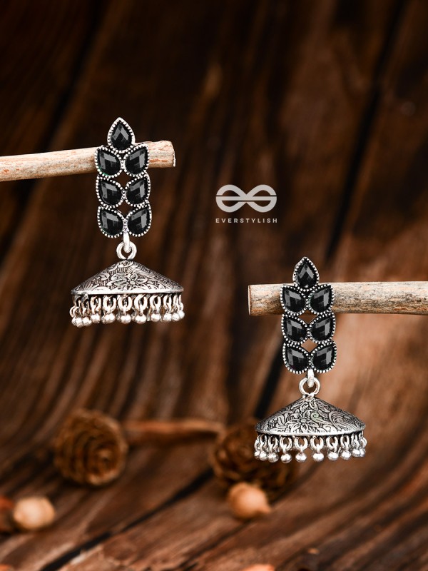 The Olive Branch Intricate Jhumkis - Onyx Black - The Embellished Oxidised Collection