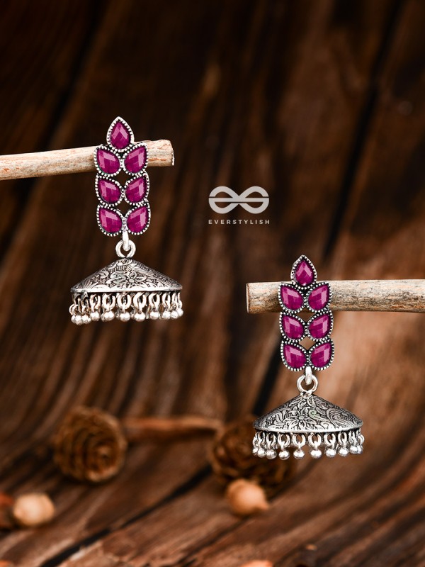 The Olive Branch Intricate Jhumkis - Ruby Red - The Embellished Oxidised Collection