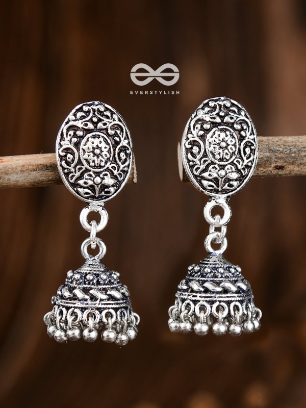 Little Floral Artwork - Oxidised Jhumki Earrings
