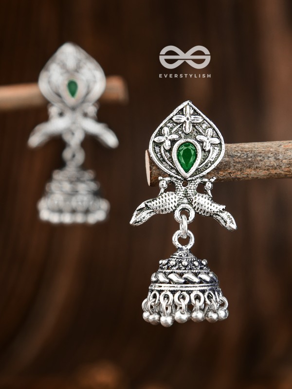 The Twin Peacock Artwork Jhumkis (Emerald Green) - Embellished Oxidised Collection