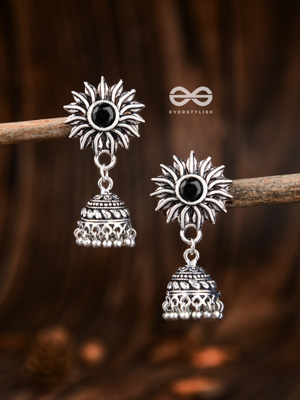 The Artistic Sun Jhumkis (Onyx Black) - Embellished Oxidised Collection