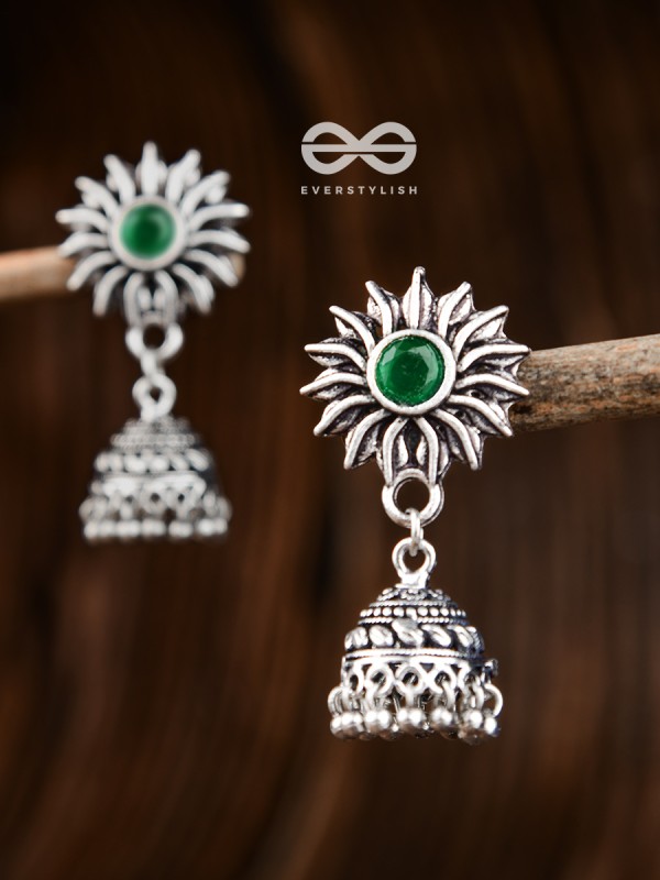 The Artsy Floral Jhumkis (Emerald Green) - Embellished Oxidised Collection