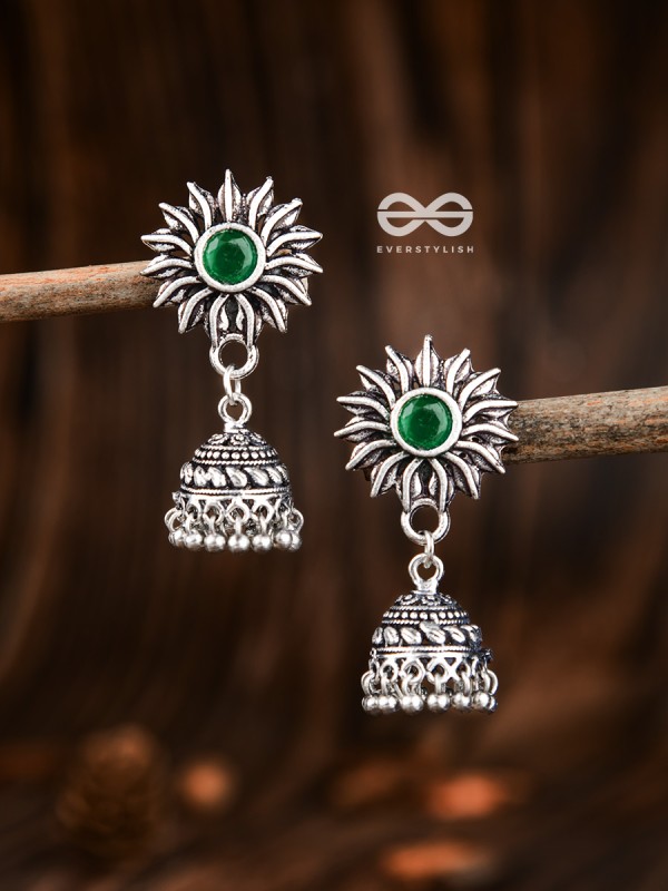 The Artsy Floral Jhumkis (Emerald Green) - Embellished Oxidised Collection