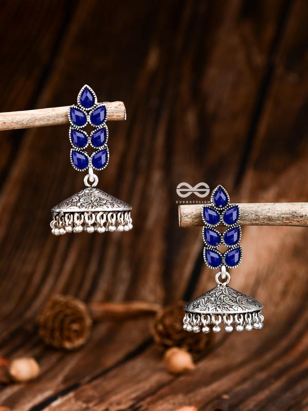 The Olive Branch Intricate Jhumkis - Royal Blue - The Embellished Oxidised Collection