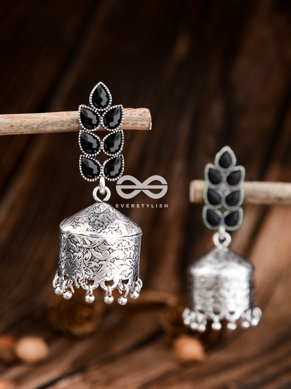 The Olive Branch Intricate Drum Jhumkis - Onyx Black- The Embellished Oxidised Collection