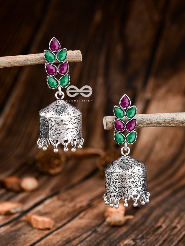 The Olive Branch Intricate Drum Jhumkis - Emerald and Ruby - The Embellished Oxidised Collection