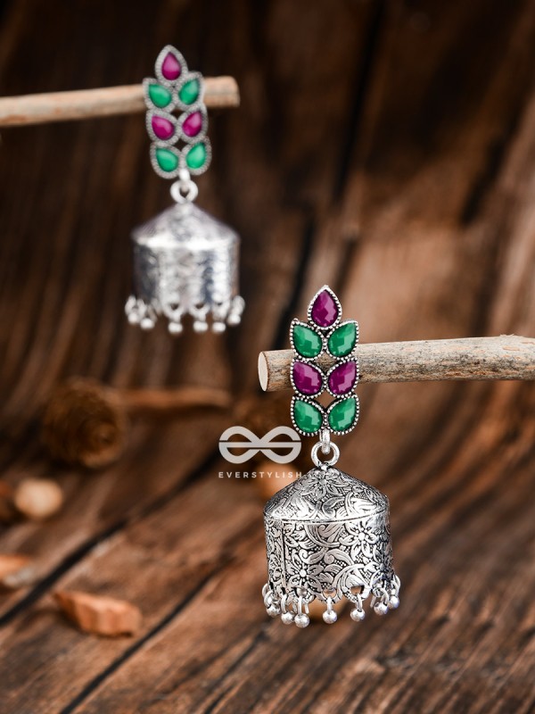 The Olive Branch Intricate Drum Jhumkis - Emerald and Ruby - The Embellished Oxidised Collection