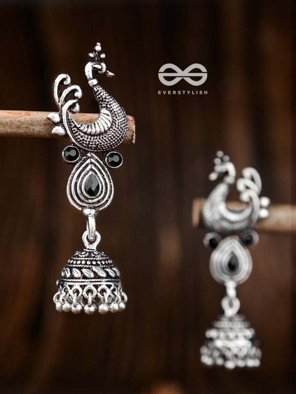 The Dangling Peacock Jhumkis - The Embellished Oxidised Collection