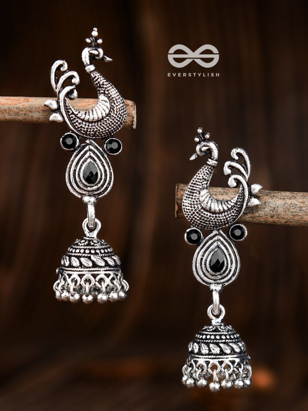The Dangling Peacock Jhumkis - The Embellished Oxidised Collection