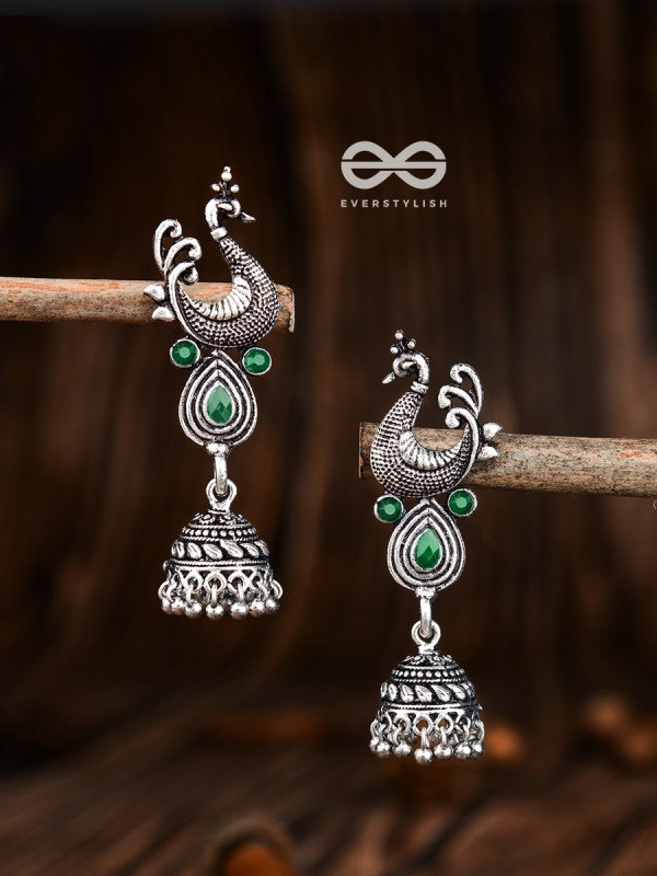 The Dangling Peacock Jhumkis (Emerald Green) - The Embellished Oxidised Collection