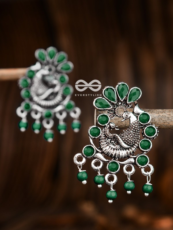 The Dangling Peacock Studs (Emerald Green) - Embellished Oxidised Collection