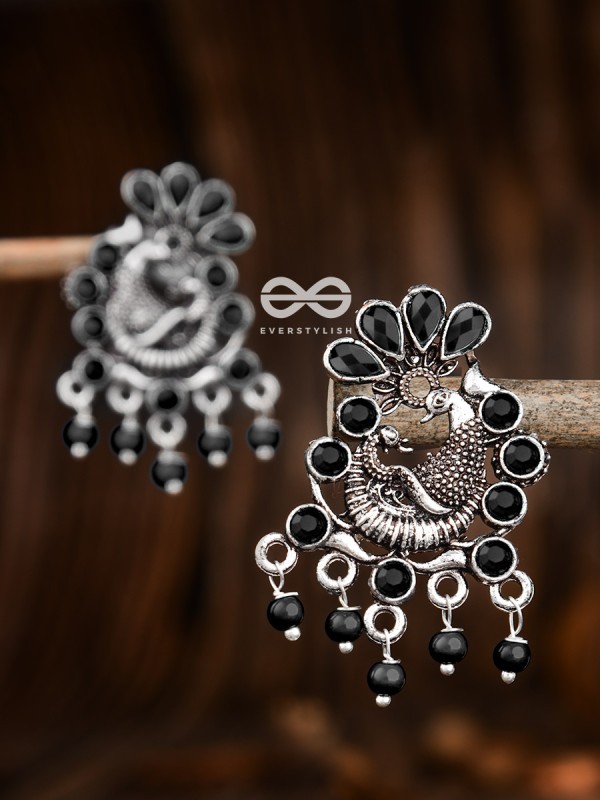 The Dangling Peacock Studs (Onyx Black) - Embellished Oxidised Collection