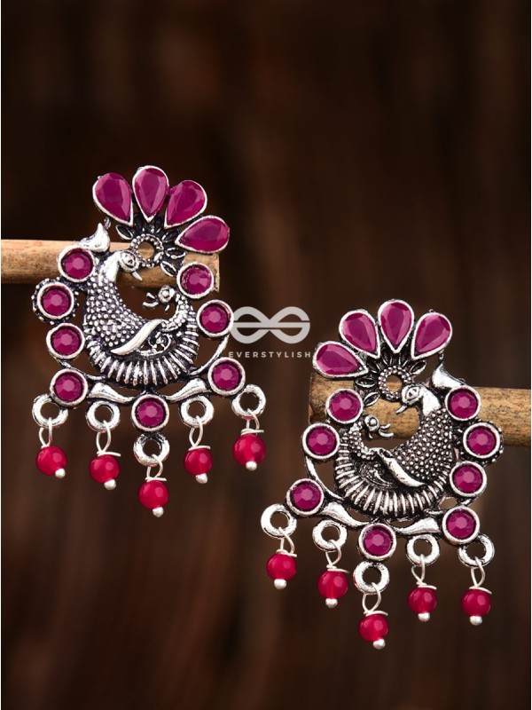 The Dangling Peacock Studs (Ruby Red) - Embellished Oxidised Collection