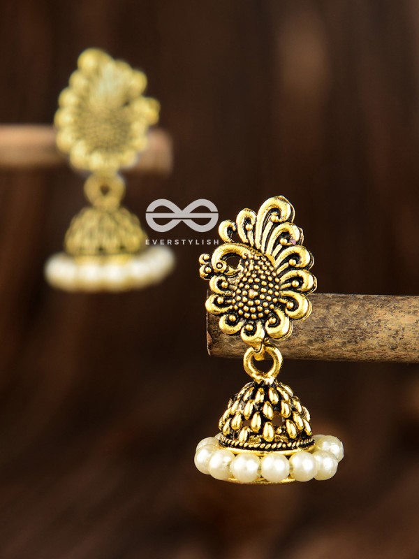 The Tiny Golden Peacock Pearl Jhumkis - Tiny Trinket Earrings
