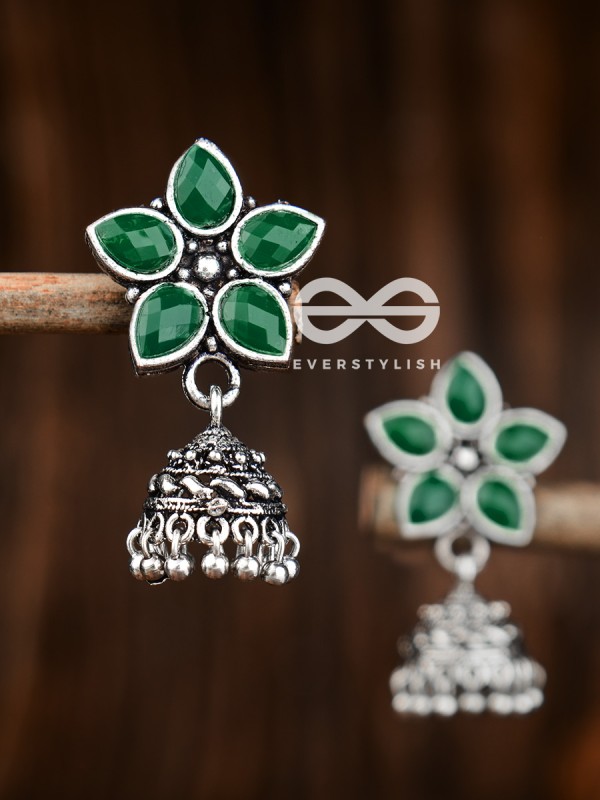 The Glimmering Floral Little Jhumkis (Emerald Green) - The Embellished Oxidised Collection